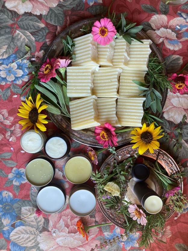 Grass-fed beef tallow skincare flatlay
